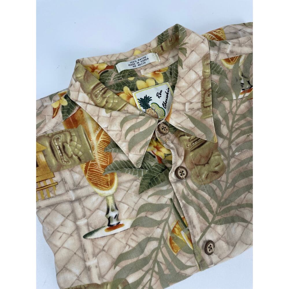VNTG RON CHERESKIN Hawaiian Camp Shirt Mens XL Floral Drinks Totem Village